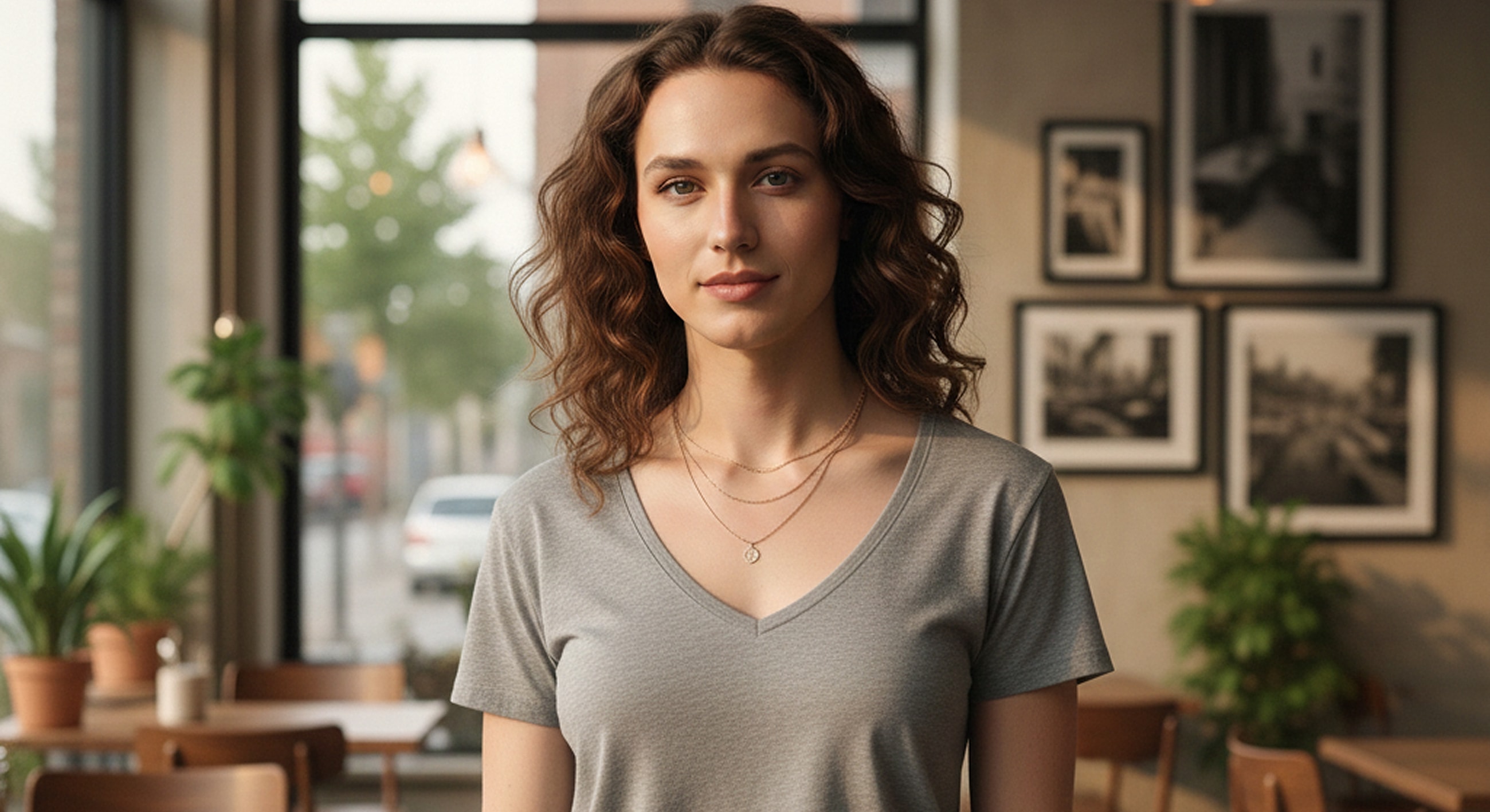 Woman in gray shirt, indoor café setting.